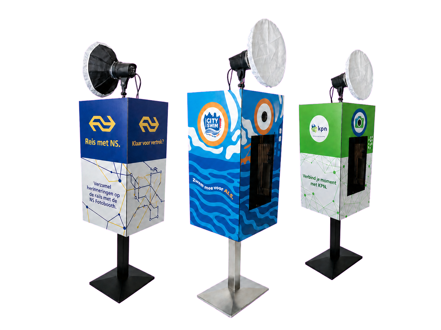 Drie custom branded PixlWall photobooths voor City Swim, NS en KPN